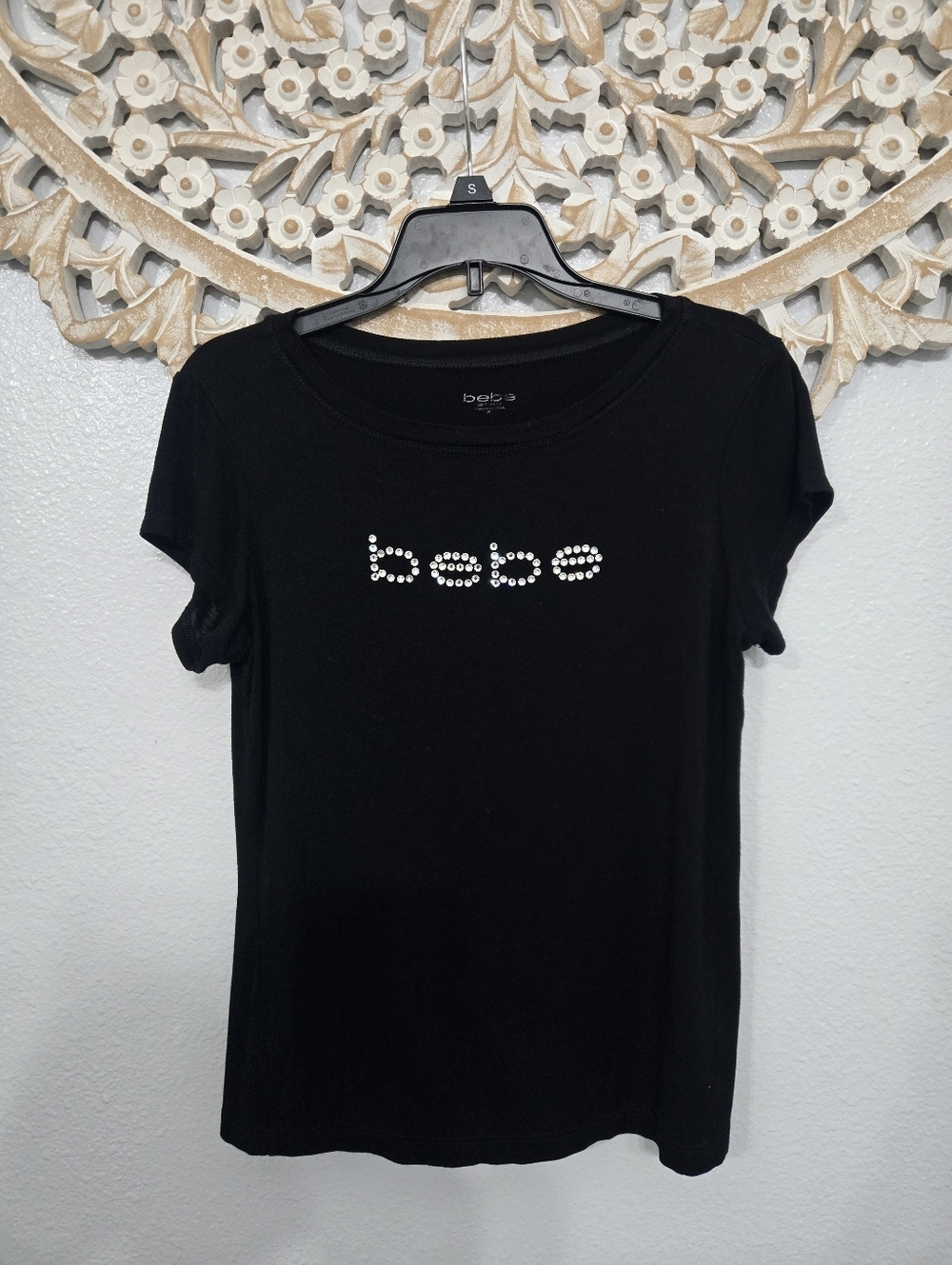 Bebe Black Crystal Logo Y2k Glam Tee